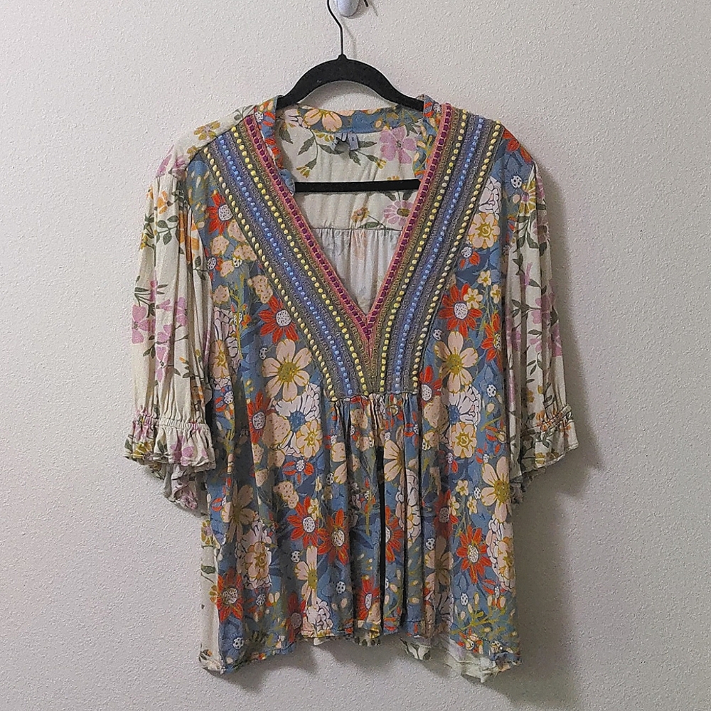 Floral V-Neck Peasant Blouse - Multicolor